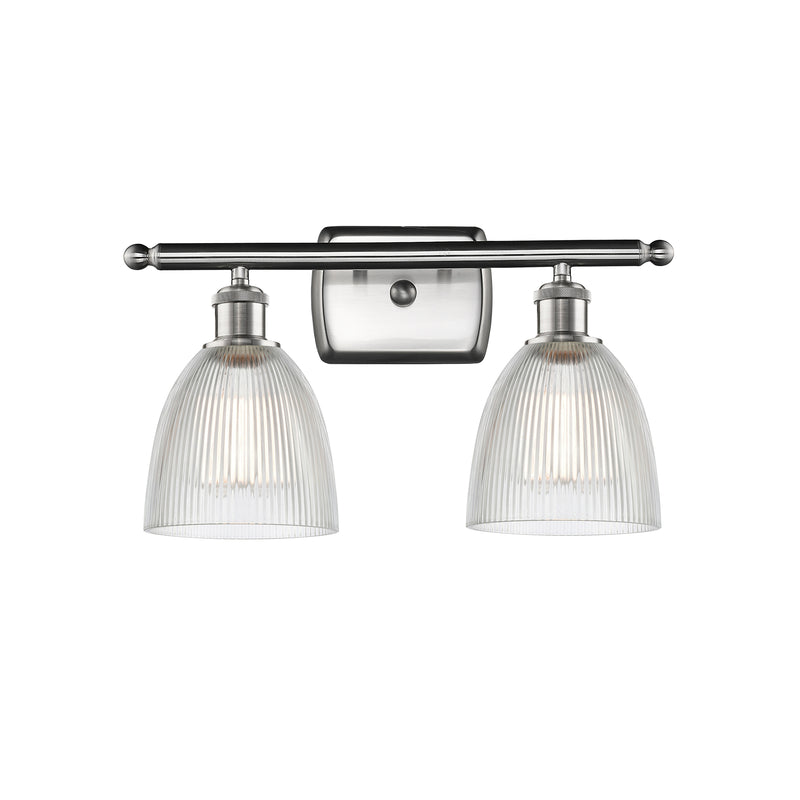 Castile Bath Vanity Light shown in the Brushed Satin Nickel finish with a Clear shade