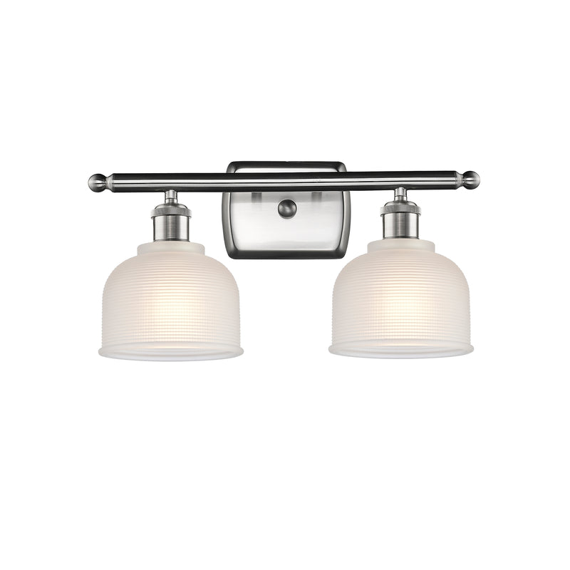 Dayton Bath Vanity Light shown in the Brushed Satin Nickel finish with a White shade