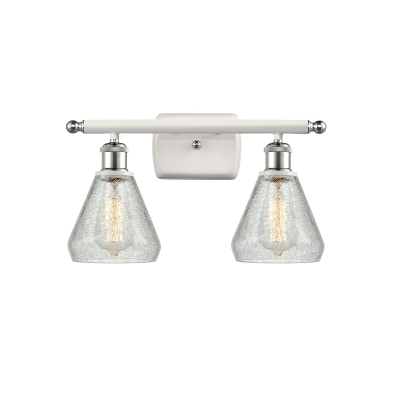 Conesus Bath Vanity Light shown in the White and Polished Chrome finish with a Clear Crackle shade