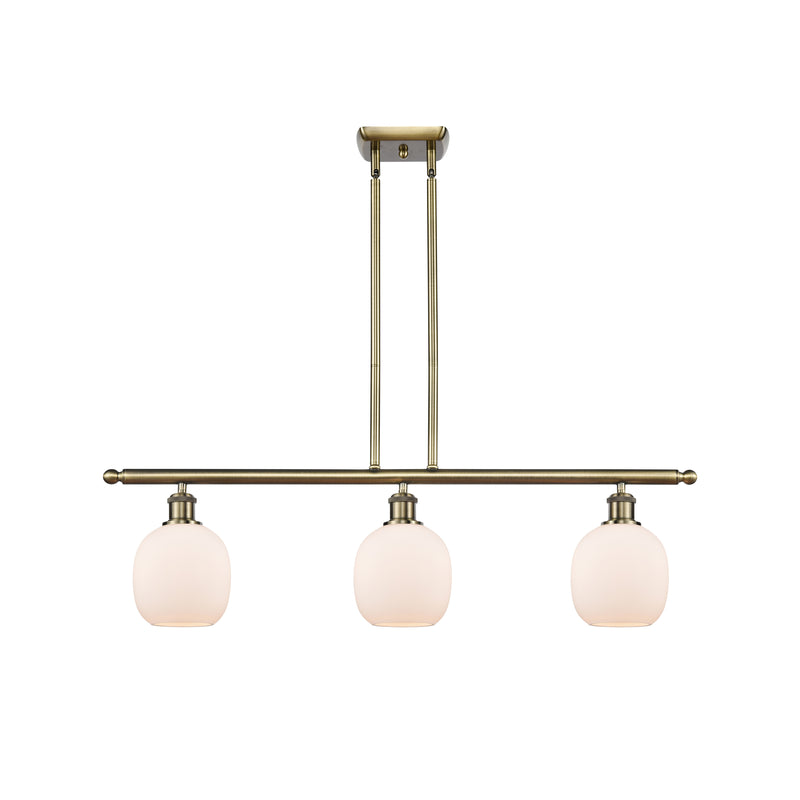 Belfast Island Light shown in the Antique Brass finish with a Matte White shade