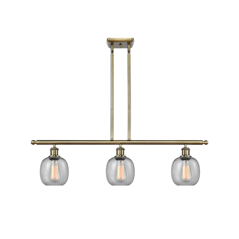 Belfast Island Light shown in the Antique Brass finish with a Seedy shade