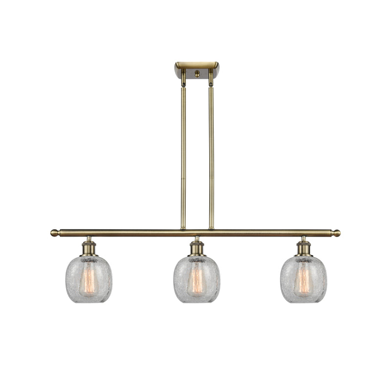 Belfast Island Light shown in the Antique Brass finish with a Clear Crackle shade