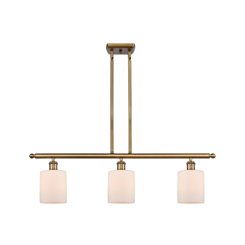 Cobbleskill Island Light shown in the Brushed Brass finish with a Matte White shade