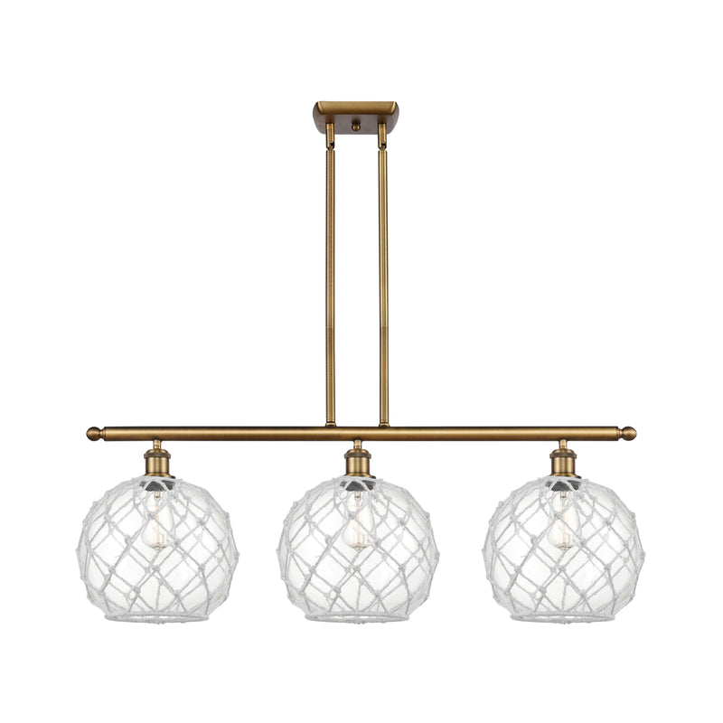 Farmhouse Rope Island Light shown in the Brushed Brass finish with a Clear Glass with White Rope shade