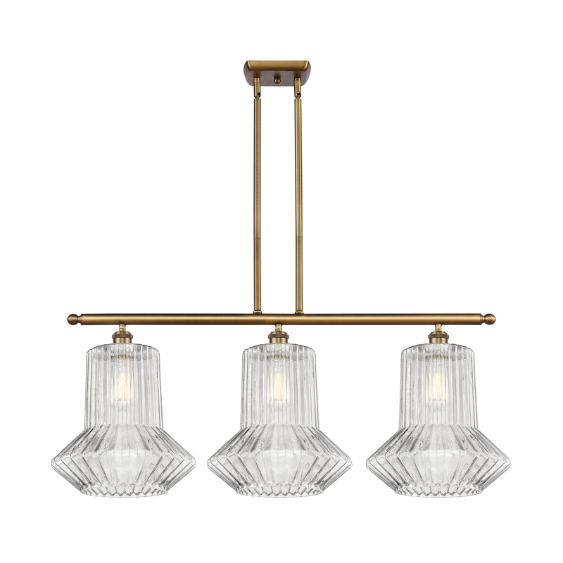 Springwater Island Light shown in the Brushed Brass finish with a Clear Spiral Fluted shade