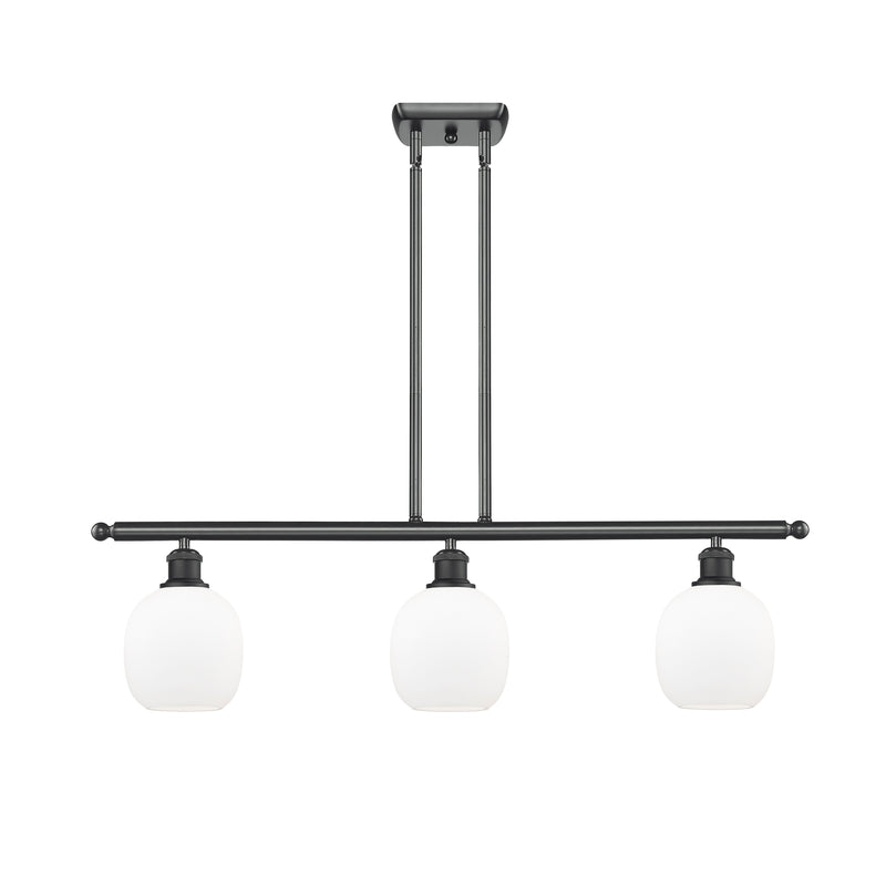 Belfast Island Light shown in the Matte Black finish with a Matte White shade