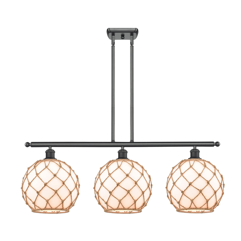 Farmhouse Rope Island Light shown in the Matte Black finish with a White Glass with Brown Rope shade