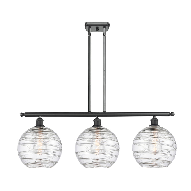 Deco Swirl Island Light shown in the Matte Black finish with a Clear shade