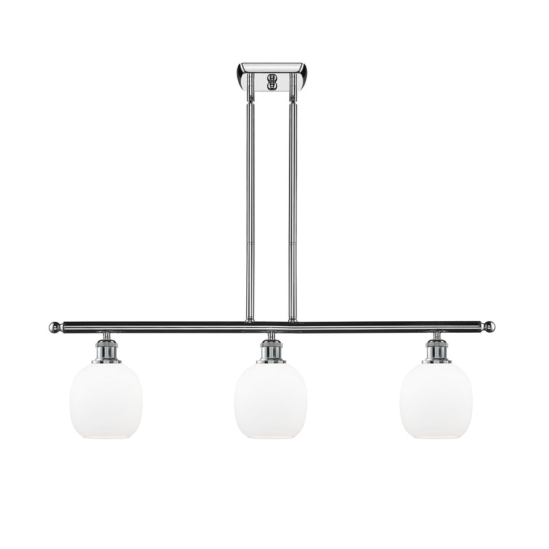 Belfast Island Light shown in the Polished Chrome finish with a Matte White shade