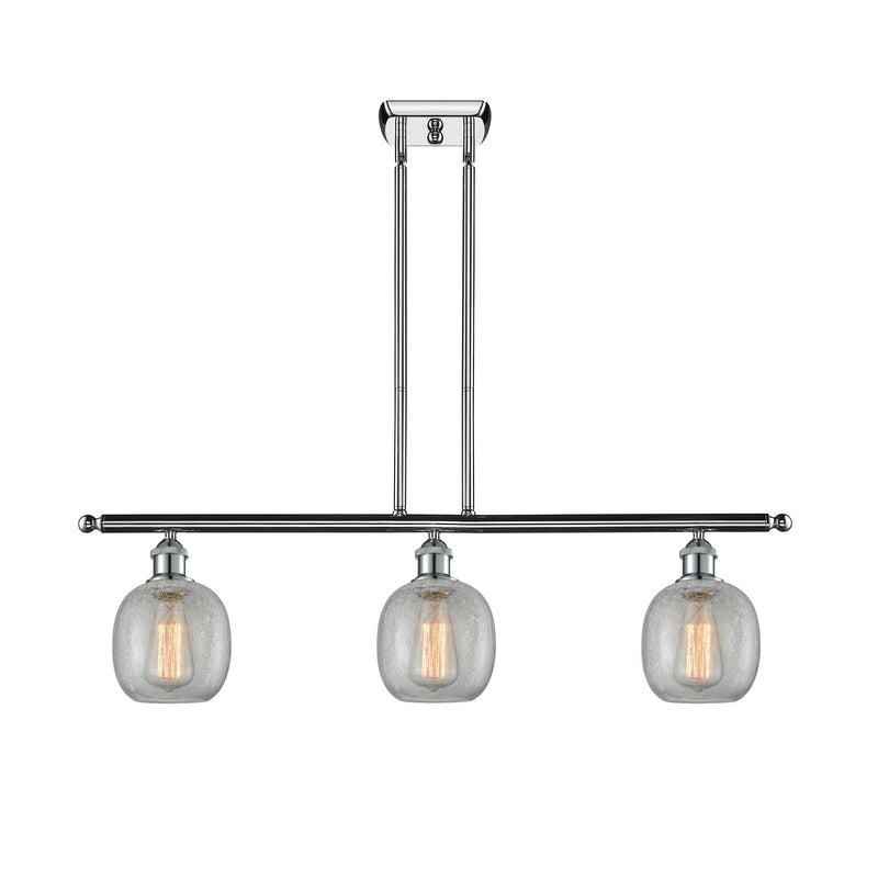 Belfast Island Light shown in the Polished Chrome finish with a Clear Crackle shade
