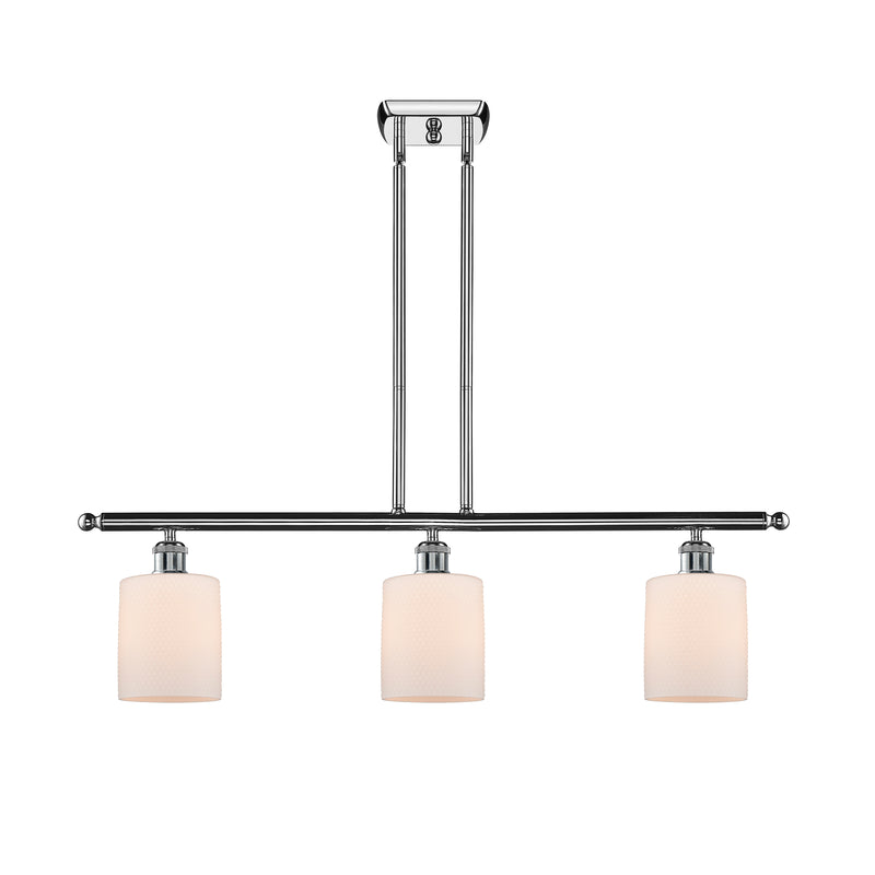 Cobbleskill Island Light shown in the Polished Chrome finish with a Matte White shade