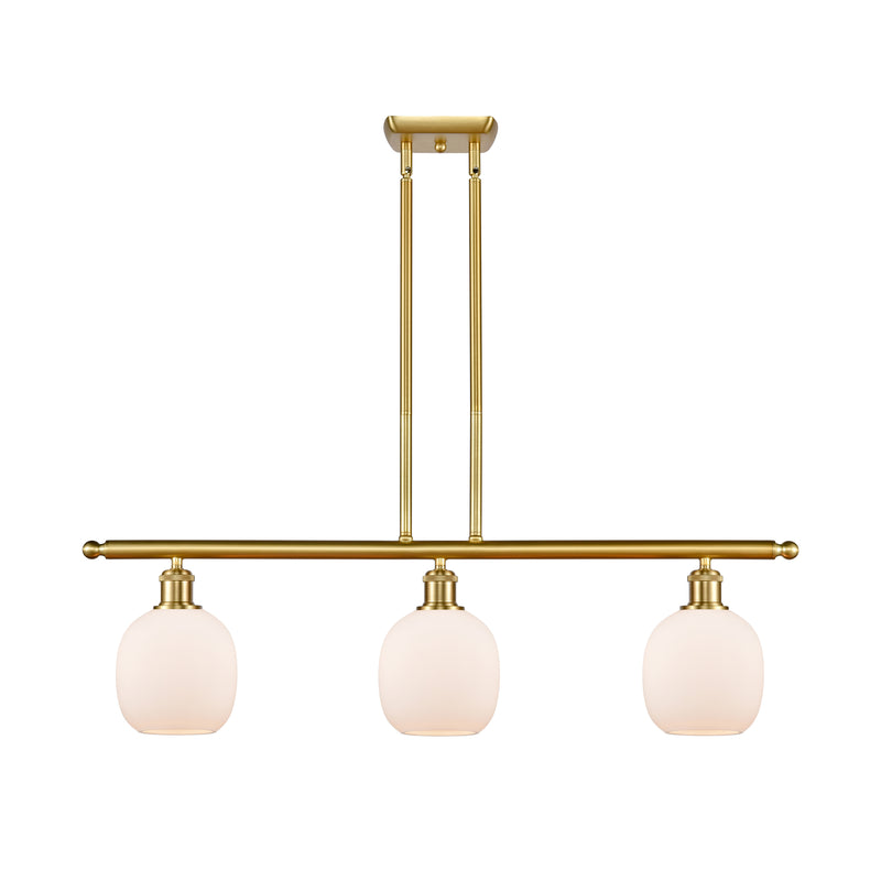 Belfast Island Light shown in the Satin Gold finish with a Matte White shade