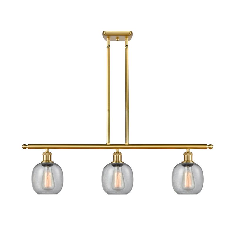 Belfast Island Light shown in the Satin Gold finish with a Seedy shade