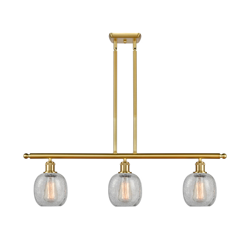 Belfast Island Light shown in the Satin Gold finish with a Clear Crackle shade