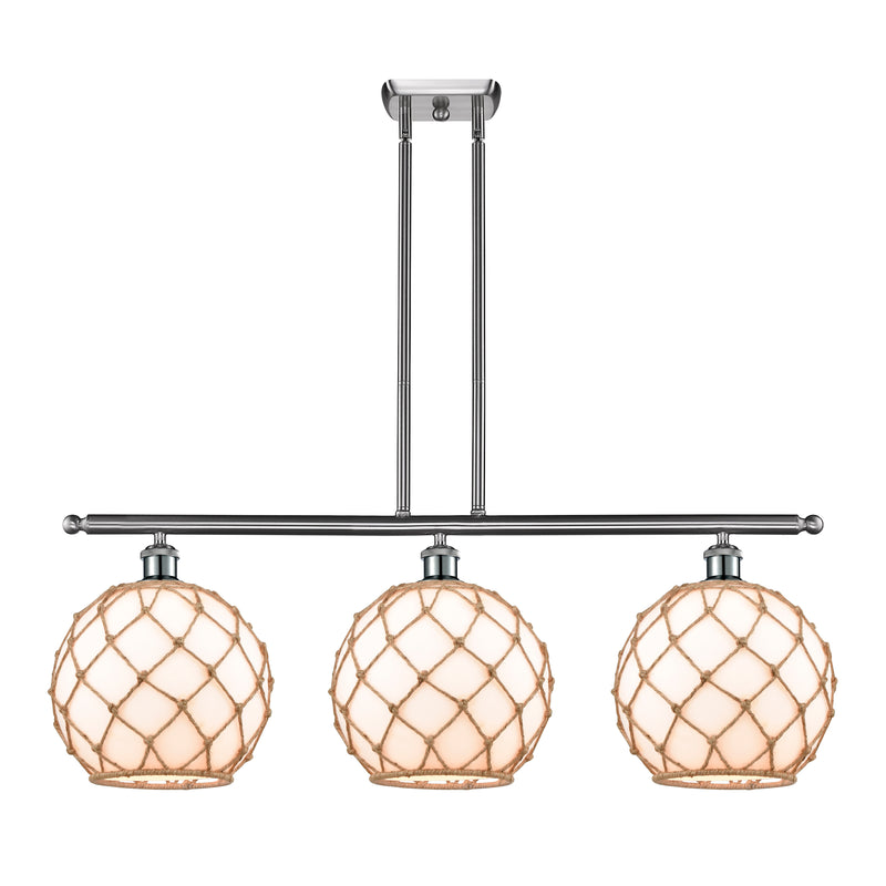 Farmhouse Rope Island Light shown in the Brushed Satin Nickel finish with a White Glass with Brown Rope shade