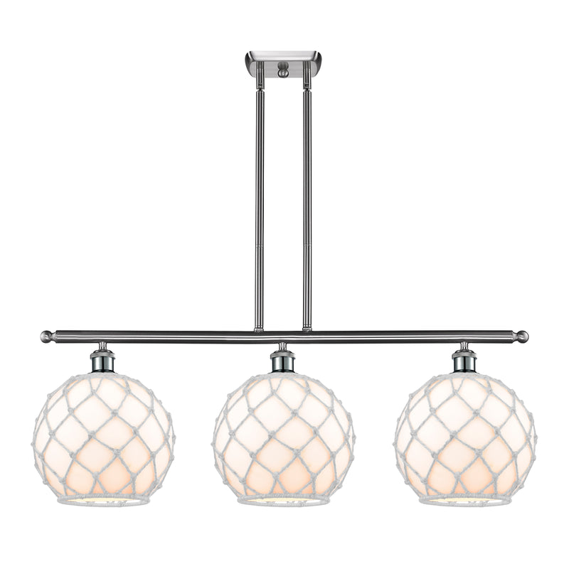 Farmhouse Rope Island Light shown in the Brushed Satin Nickel finish with a White Glass with White Rope shade