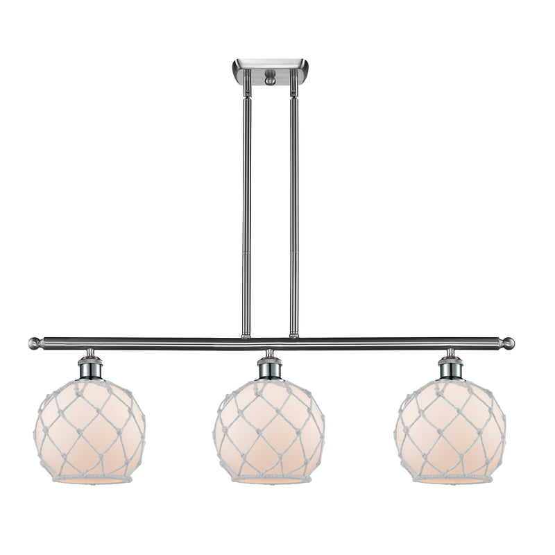 Farmhouse Rope Island Light shown in the Brushed Satin Nickel finish with a White Glass with White Rope shade