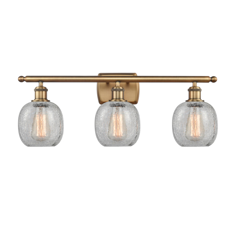 Belfast Bath Vanity Light shown in the Brushed Brass finish with a Clear Crackle shade