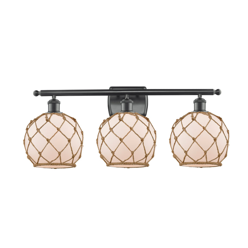 Farmhouse Rope Bath Vanity Light shown in the Matte Black finish with a White Glass with Brown Rope shade