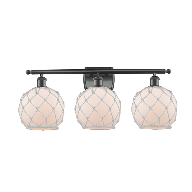 Farmhouse Rope Bath Vanity Light shown in the Matte Black finish with a White Glass with White Rope shade