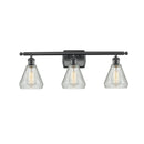 Conesus Bath Vanity Light shown in the Matte Black finish with a Clear Crackle shade