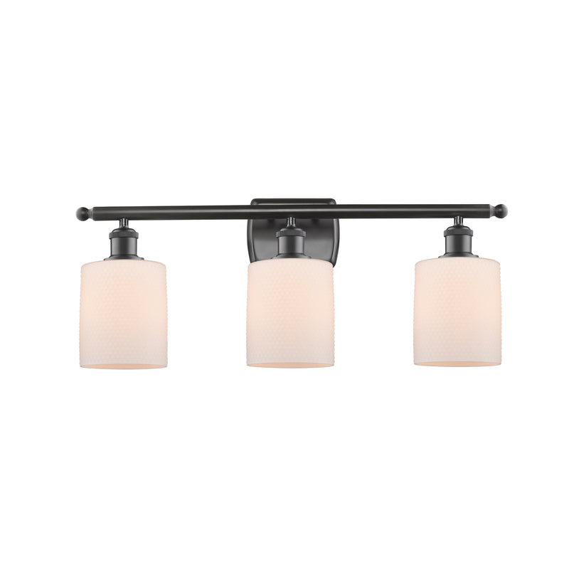 Cobbleskill Bath Vanity Light shown in the Oil Rubbed Bronze finish with a Matte White shade