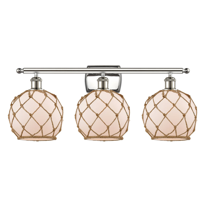 Farmhouse Rope Bath Vanity Light shown in the Polished Nickel finish with a White Glass with Brown Rope shade