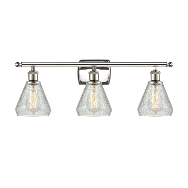 Conesus Bath Vanity Light shown in the Polished Nickel finish with a Clear Crackle shade