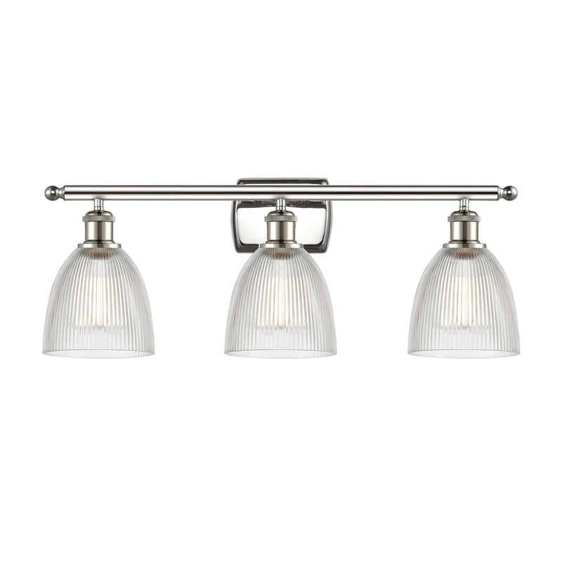 Castile Bath Vanity Light shown in the Polished Nickel finish with a Clear shade