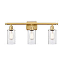 Clymer Bath Vanity Light shown in the Satin Gold finish with a Clear shade