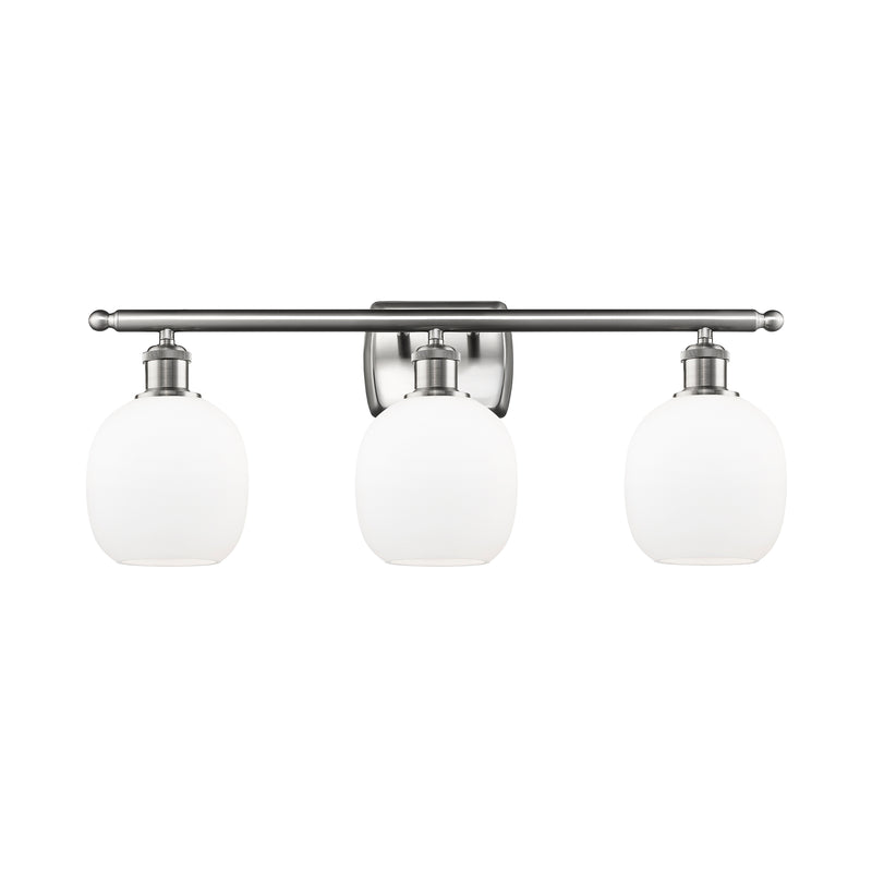 Belfast Bath Vanity Light shown in the Brushed Satin Nickel finish with a Matte White shade