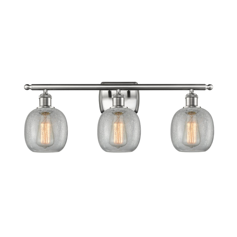Belfast Bath Vanity Light shown in the Brushed Satin Nickel finish with a Clear Crackle shade