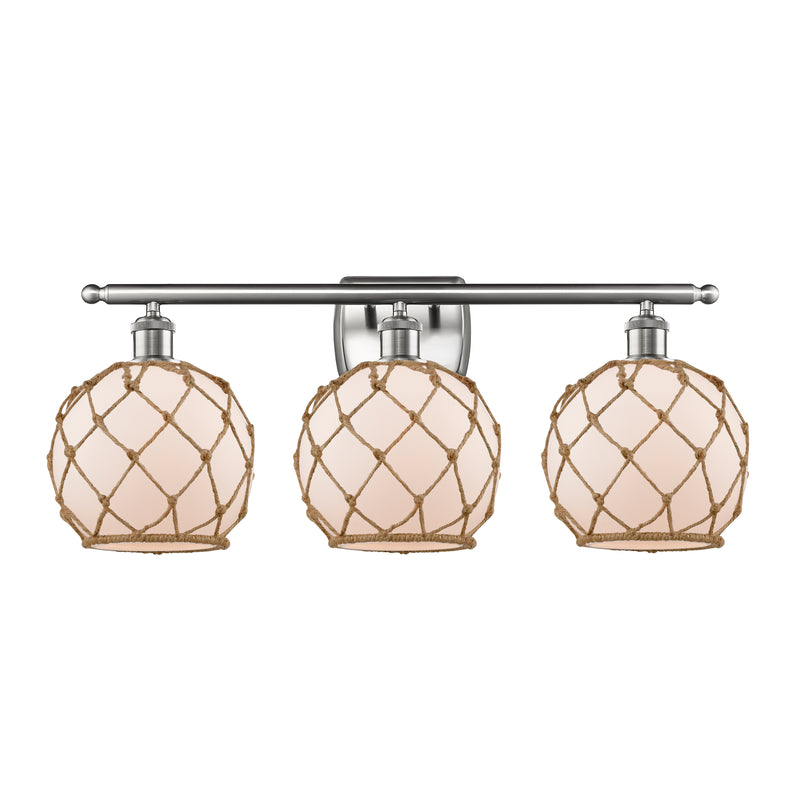 Farmhouse Rope Bath Vanity Light shown in the Brushed Satin Nickel finish with a White Glass with Brown Rope shade