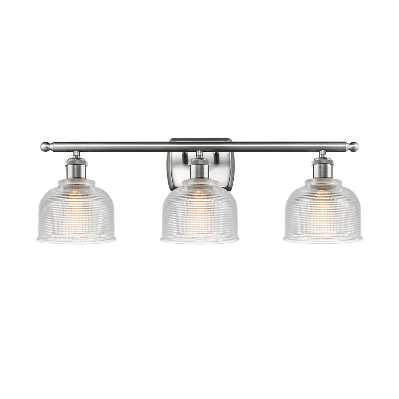 Dayton Bath Vanity Light shown in the Brushed Satin Nickel finish with a Clear shade