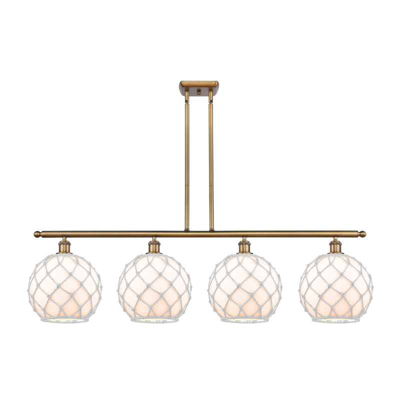 Farmhouse Rope Island Light shown in the Brushed Brass finish with a White Glass with White Rope shade