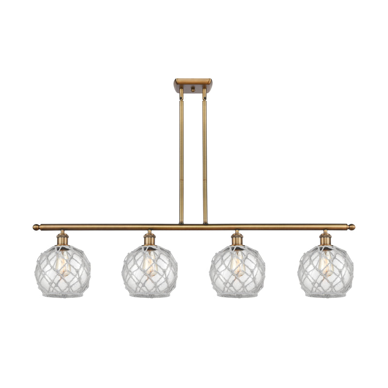 Farmhouse Rope Island Light shown in the Brushed Brass finish with a Clear Glass with White Rope shade