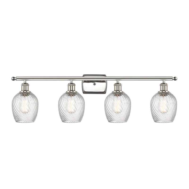 Salina Bath Vanity Light shown in the Polished Nickel finish with a Clear Spiral Fluted shade