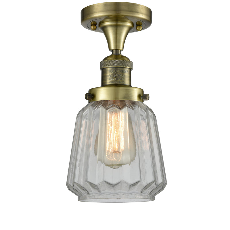 Chatham Semi-Flush Mount shown in the Antique Brass finish with a Clear shade