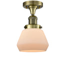 Fulton Semi-Flush Mount shown in the Antique Brass finish with a Matte White shade