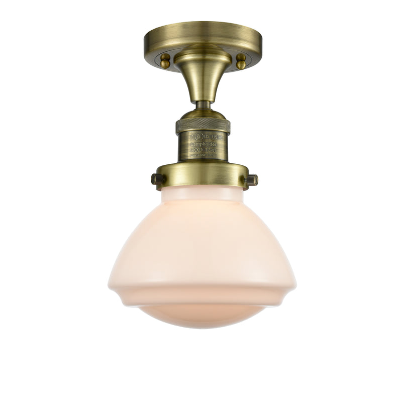 Olean Semi-Flush Mount shown in the Antique Brass finish with a Matte White shade