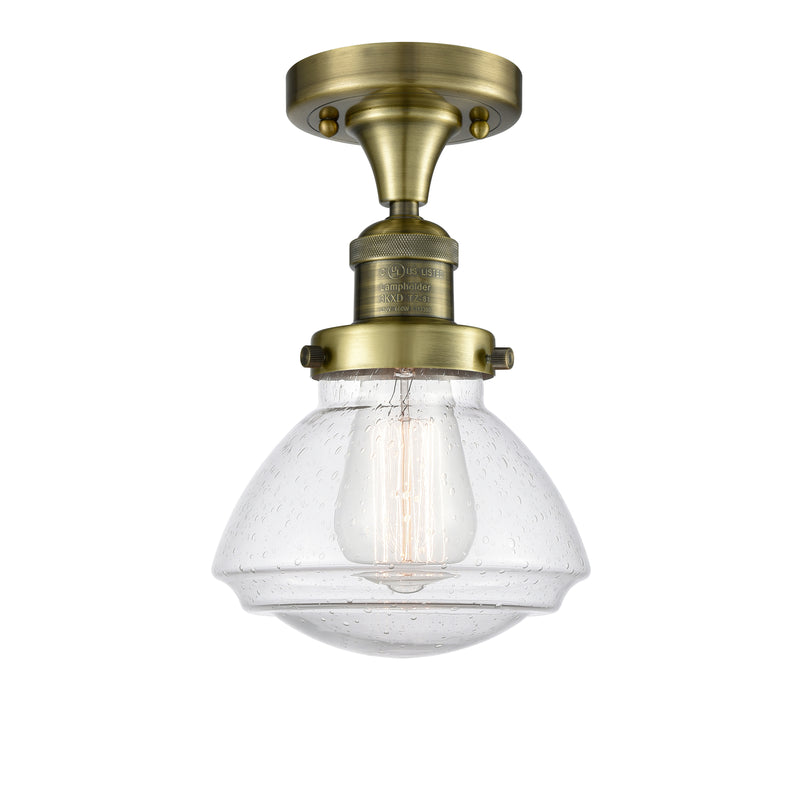 Olean Semi-Flush Mount shown in the Antique Brass finish with a Seedy shade