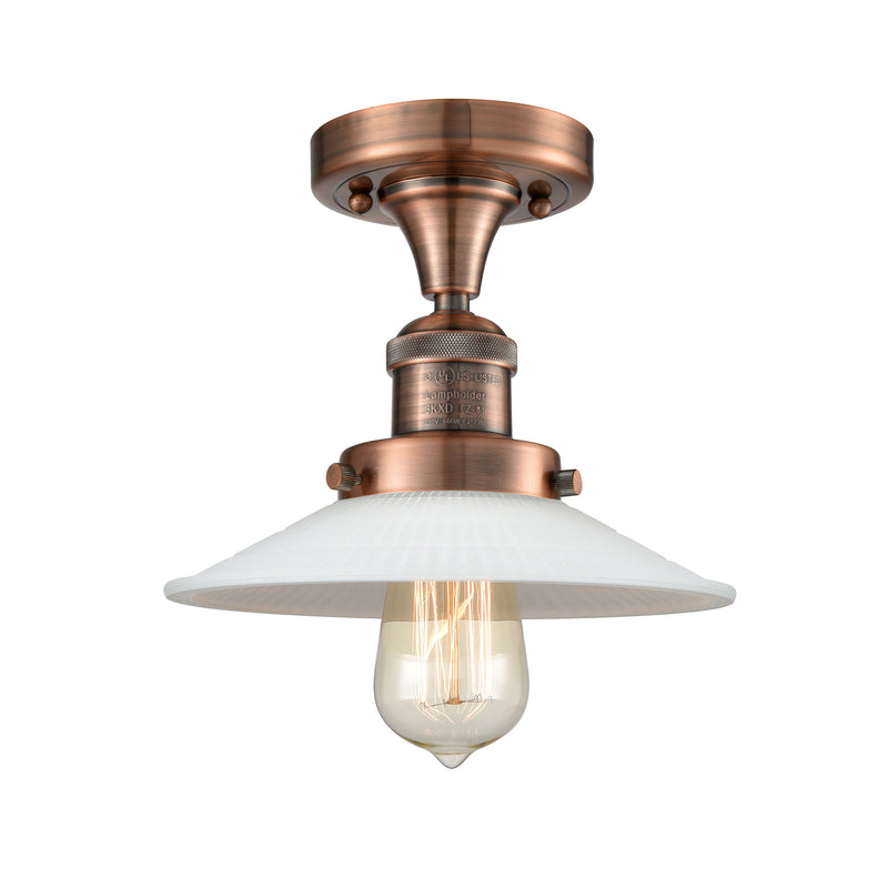 Halophane Semi-Flush Mount shown in the Antique Copper finish with a Matte White Halophane shade