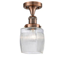 Colton Semi-Flush Mount shown in the Antique Copper finish with a Clear Halophane shade