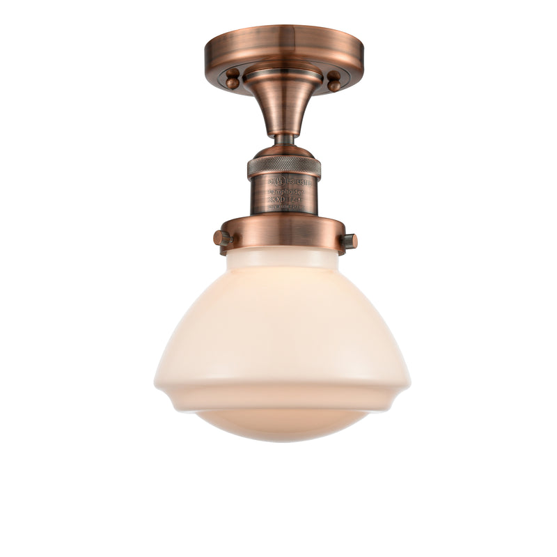 Olean Semi-Flush Mount shown in the Antique Copper finish with a Matte White shade