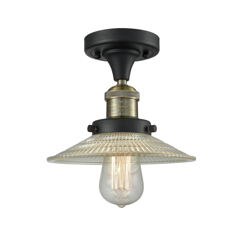 Halophane Semi-Flush Mount shown in the Black Antique Brass finish with a Clear Halophane shade