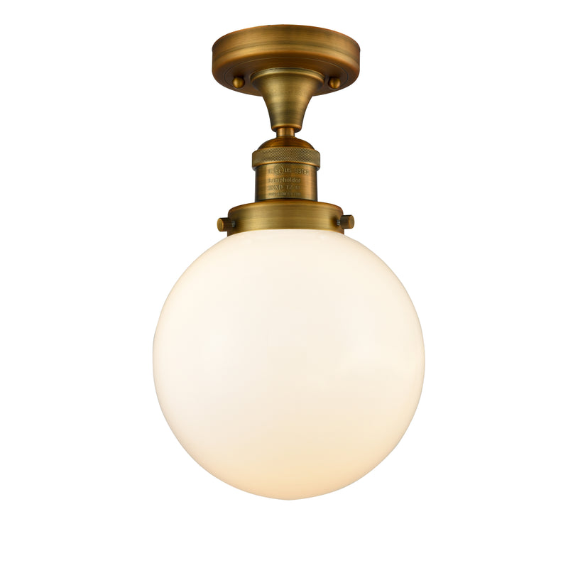 Beacon Semi-Flush Mount shown in the Brushed Brass finish with a Matte White shade