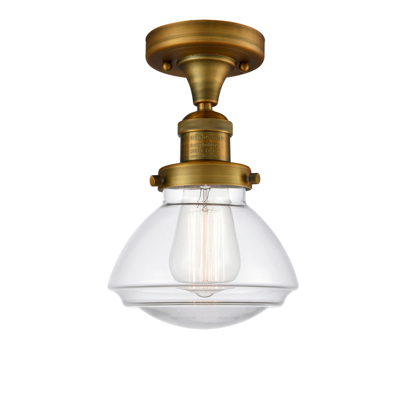 Olean Semi-Flush Mount shown in the Brushed Brass finish with a Clear shade