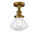 Olean Semi-Flush Mount shown in the Brushed Brass finish with a Seedy shade