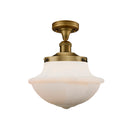 Oxford Semi-Flush Mount shown in the Brushed Brass finish with a Matte White shade