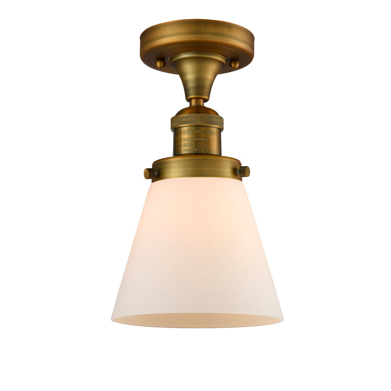 Cone Semi-Flush Mount shown in the Brushed Brass finish with a Matte White shade